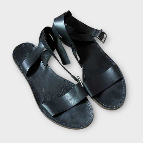 Madewell Boardwalk Black Leather Ankle Strap Flat Sandals Sz 8 Hippie Boho - Picture 4 of 6